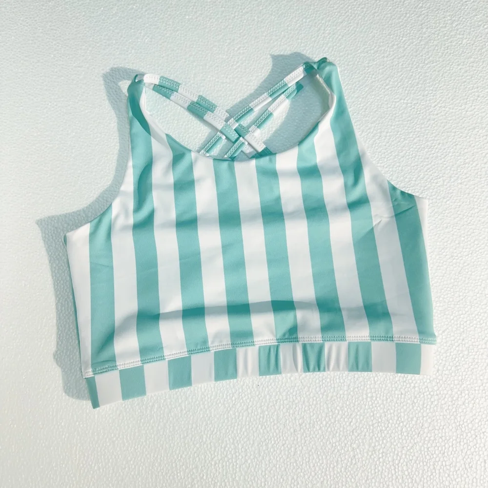 Customized OEM Summer Style Stripes Pattern Print Milk Silk Clothing Set Backless Top Sports Biker Shorts Kids Girls Outfits - Image 5