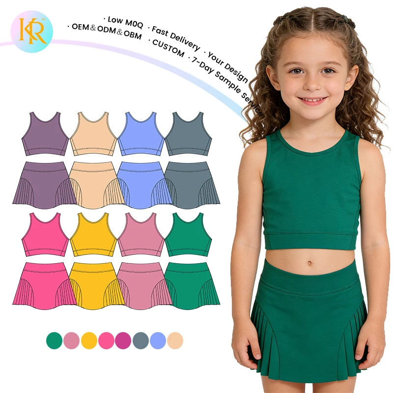 Kerui Girls Sports Solid Color Sleeveless Vest Irregular Tennis Skirt Custom Logo Printing Kids Girls Sportswear Tennis Sets