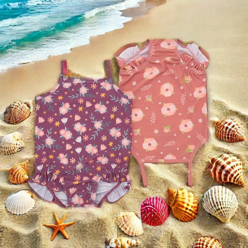 New Style Custom Girls Swimwear 2pcs Long Sleeve Floral Ruffle Bikini Bathing Suit with Geometric Print Quick Dry for Kids