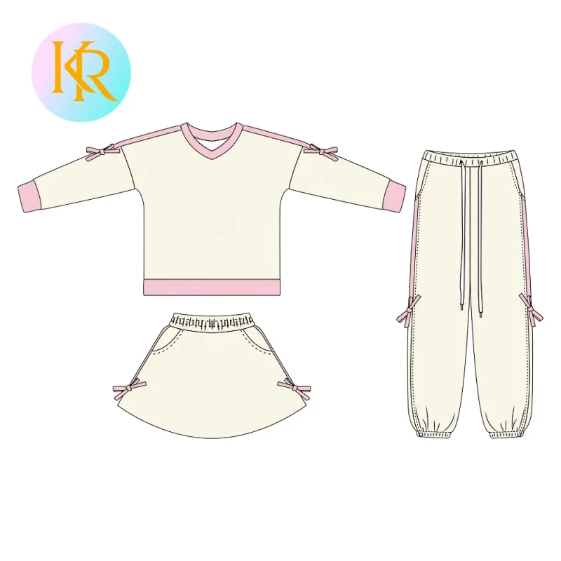 KERUI Girls' Solid Color Long Sleeved Bow Top Short Skirt Long Pants Three PCS  Kids Workout Sports Suit