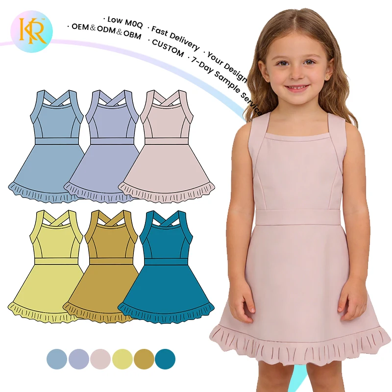 Kerui Active Wear Kids Breathable Gym Girls Yoga Solid Ruffle Girls Sports  Dresses Sleeveless Toddlers Sportswear Dress