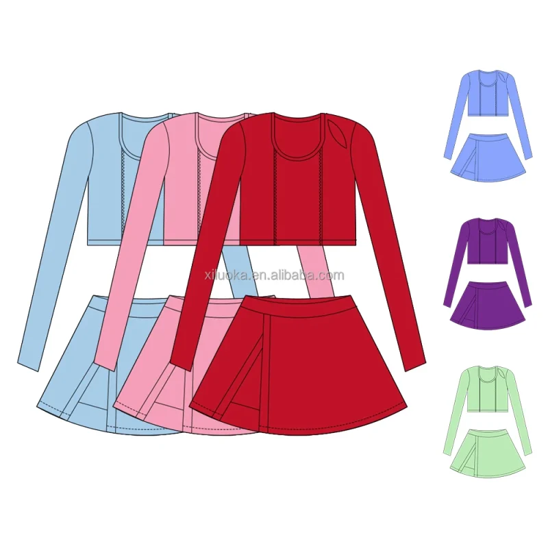 Girls Yoga Set Long Sleeve Crop Top & Skort Outfit 2 Piece Workout Clothes for Kids Fitness Sportswear Girls Clothing Sets