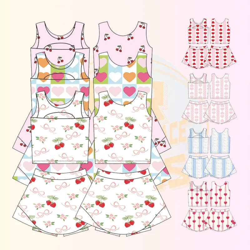 KERUI Girls' Valentine's Day Yoga Set Two-Piece Sports Skirt with Semi-Circular Hollow Design Back New Yoga Fabric Print Pattern