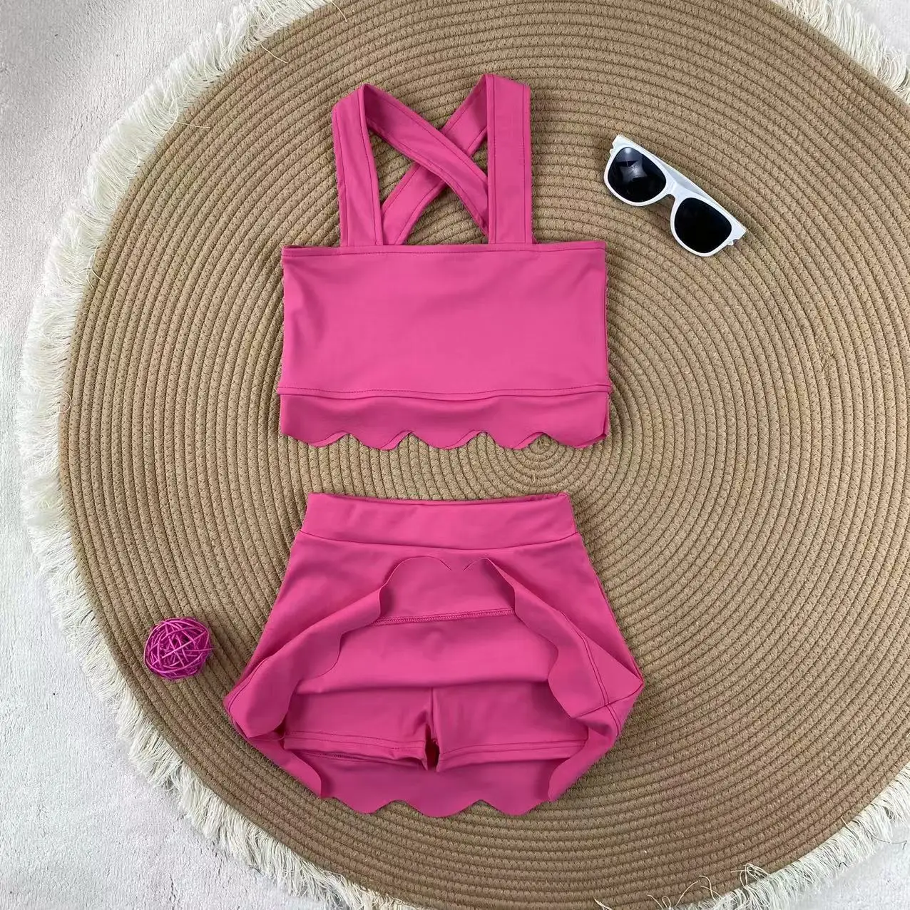 Custom Designed Girls One-Shoulder Skirt Set Nice Satin Yoga Fabric Wholesale Cute Spaghetti Strap Top Dress Sets - Image 4