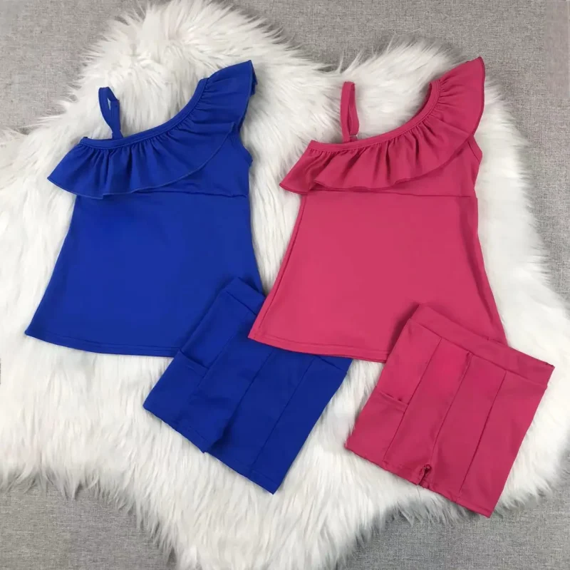 Custom Designed Girls One-Shoulder Skirt Set Nice Satin Yoga Fabric Wholesale Cute Spaghetti Strap Top Dress Sets