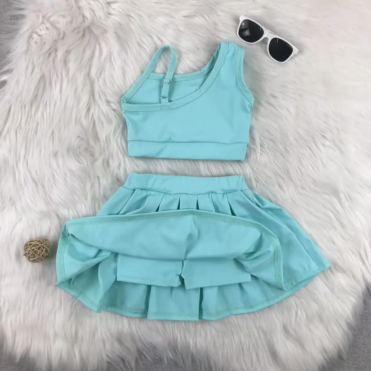 Custom Designed Girls One-Shoulder Skirt Set Nice Satin Yoga Fabric Wholesale Cute Spaghetti Strap Top Dress Sets - Image 5