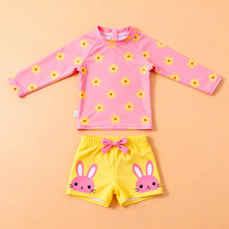 OEKO TEX Wholesale Baby 2 Piece Long Sleeved Girl Swimwear Eco-Friendly Soft Breathable Sun Protection Beach Swimsuit