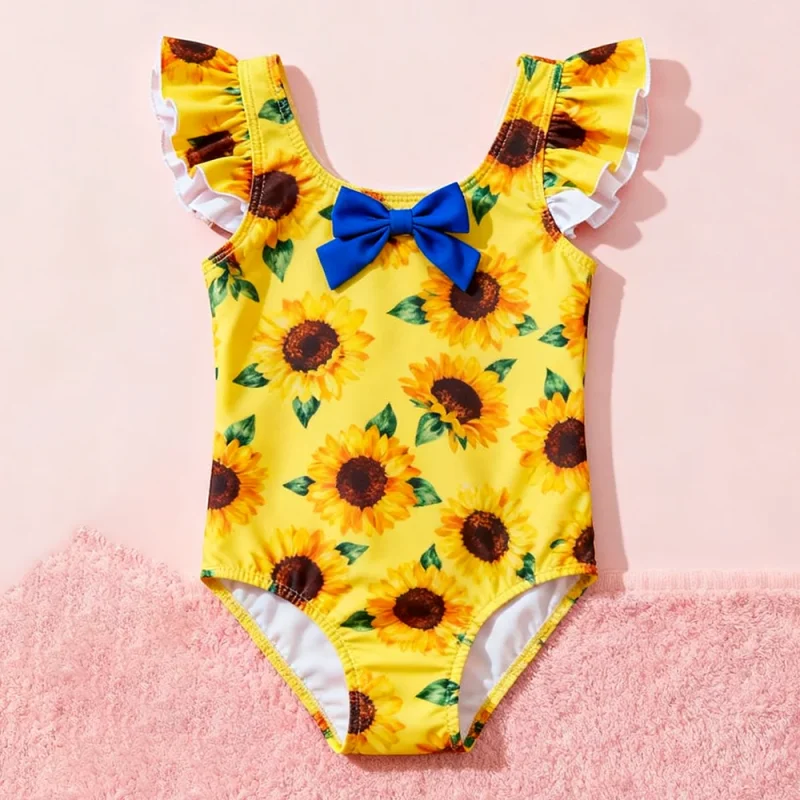 OEKO TEX Wholesale Girls One Piece Swimsuit Supplier Ruffle Beach Clothes Eco Friendly Kids Swimwear Bows Spandex/Polyester