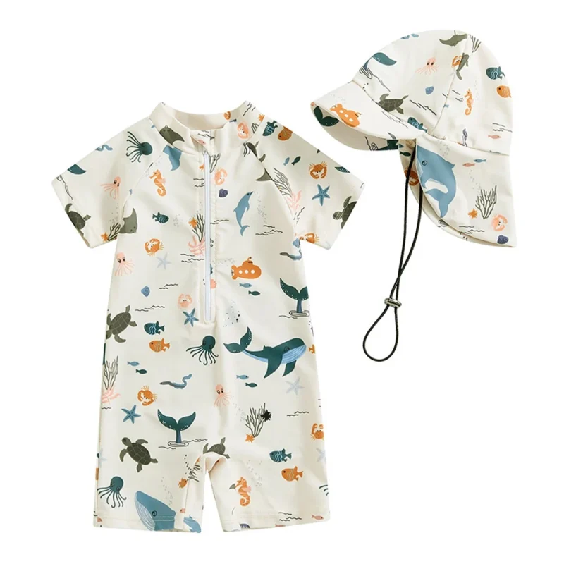 OEKO TEX UPF50 Kids UV Swimwear Custom Baby Toddler Zipper Bathing Suits Children Girl One Piece Swimsuit With Sun Hat