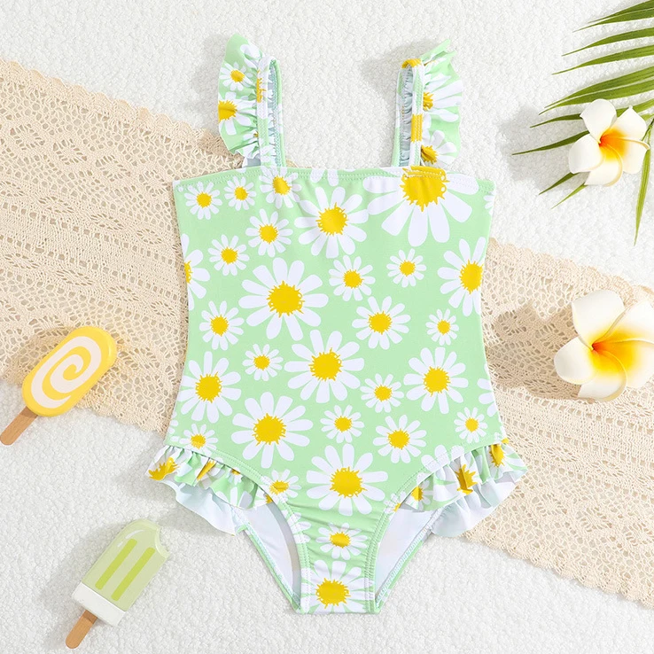 OEKO TEX Ruffled Kids Beachwear Swimwear Stylish Swimming Suit New Floral Cute Cartoon One Piece Swimsuit for Girls