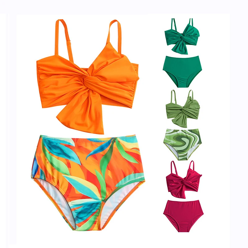 OEKO TEX Kids Swimming Suit Girls Stylish Two Piece Swimwear Summer Beach Vacation Swimsuit With Bows