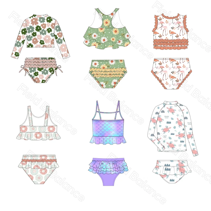 Custom Girls Swimwear Short Sleeves Swimming Suit  Printed Zipper Children Beach Swimsuits Kids Bathing Suits