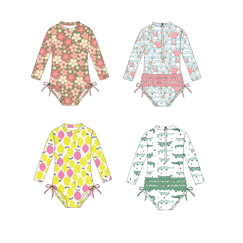 Custom Girls Bathing Suit Recycled Kids Sun Protectant UPF50+ Fabric Bikini Long Sleeves Swimwear  Signature Rear Ruffles