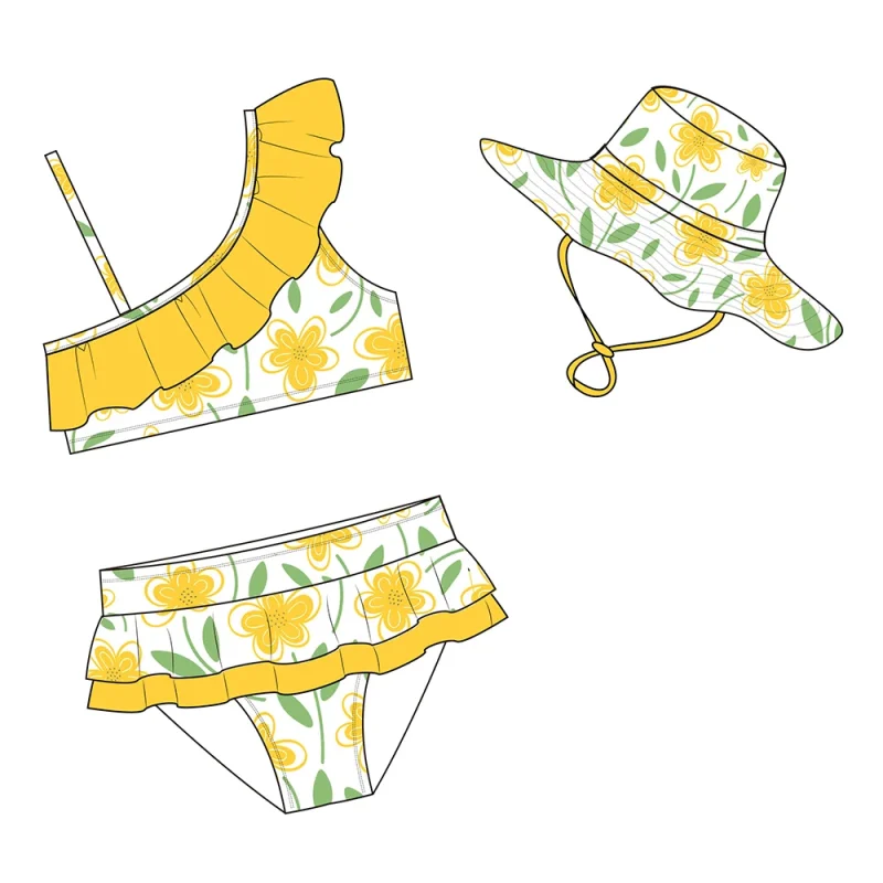 FIELD BALANCE Custom Off Shoulder Swimming Gear Kids Swimwear Beachwear Swimming Hat Girls Mini Bikini