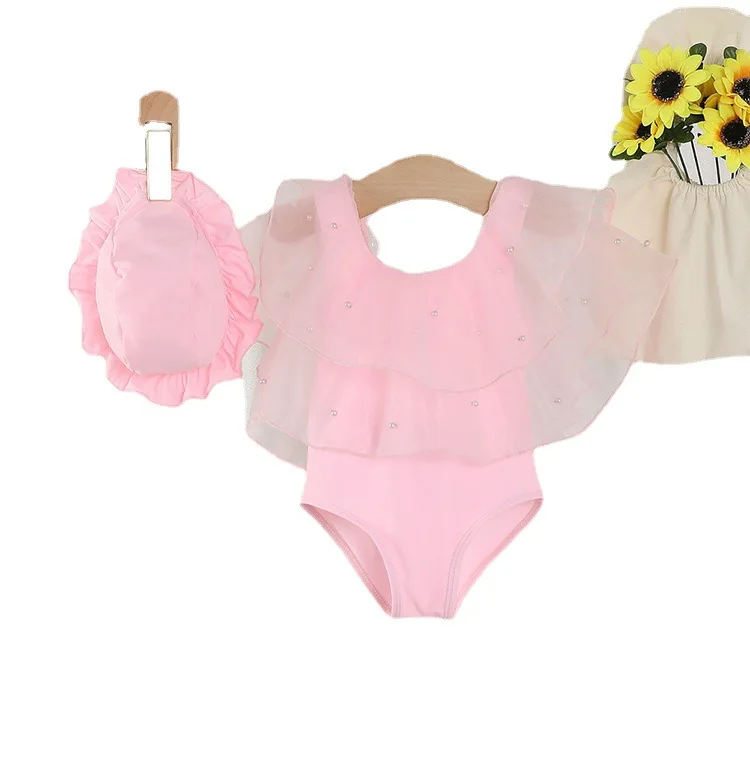 New Arrival One Piece Girls Summer Ballet Tutu Skirt Swimwear Kids Floral Ruffle Toddler Swimsuits With Swimming Cap Girl