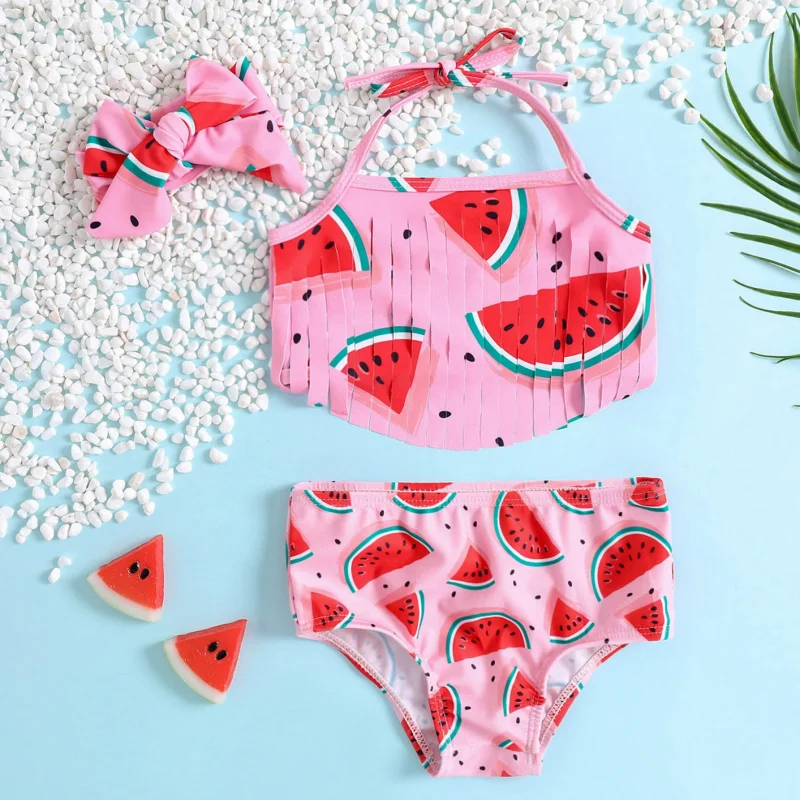 OEKO TEX Kids Swim Suit Girls 2 Piece Bikini Set Watermelon Pattern Tassels Summer Beach Swimwear With Bow Tie