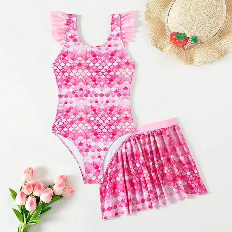 OEKO TEX New Girls Pink Mermaid Print Summer Swimwear Kids Bathing Suits One Piece Swimsuit with Beach Skirt