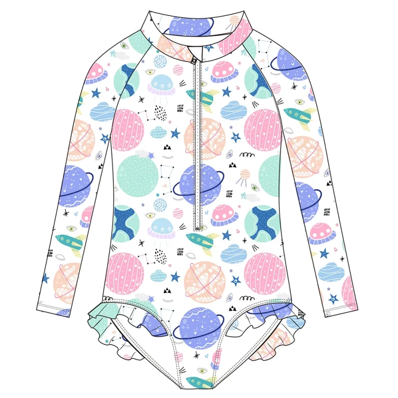 FIELD BALANCE Custom Print Long Sleeve One Piece Toddler Swimsuit Kids Swimwear for 3 Year Old Girls