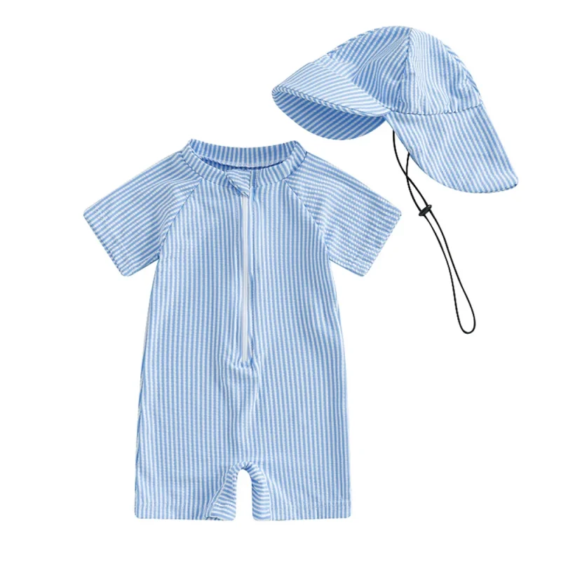 OEKO TEX Boys Infant Baby Stripe Swimsuit Short Sleeve Zipper Bath Suit Polyester Toddler Girl One Piece Swimwear With Sun Hat