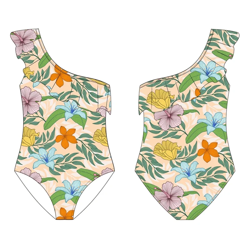 OEKO TEX Eco Friendly UV Protection ODM Girls One Piece Floral One Shoulder Swimwear for Kids Children