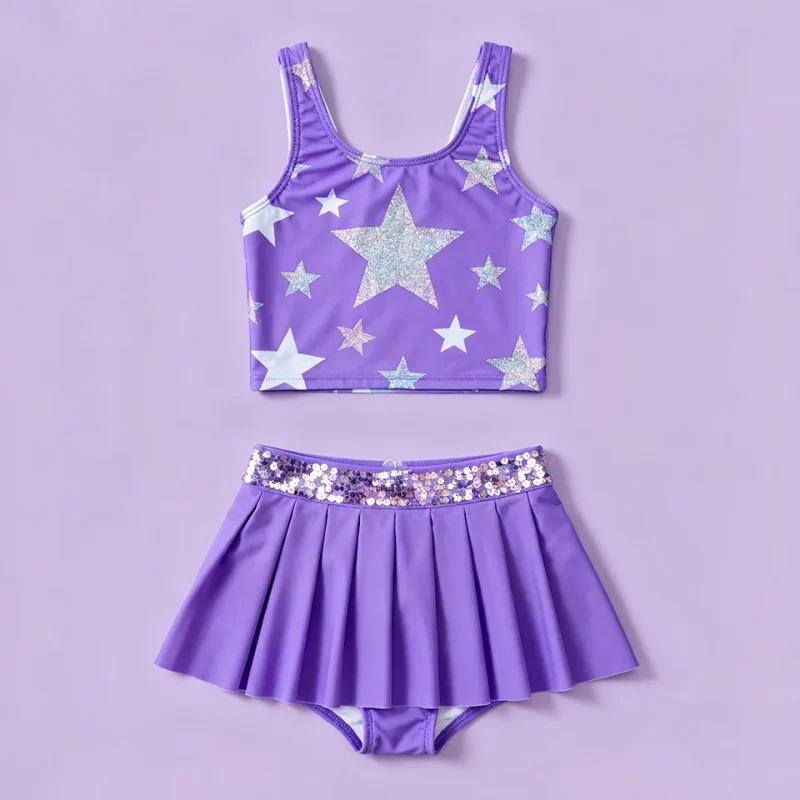 OEKO TEX Certified Girls Children's Two-Piece Swimwear Print UV Protection Breathable Fabric-Ruffle Cross Shoulder Straps