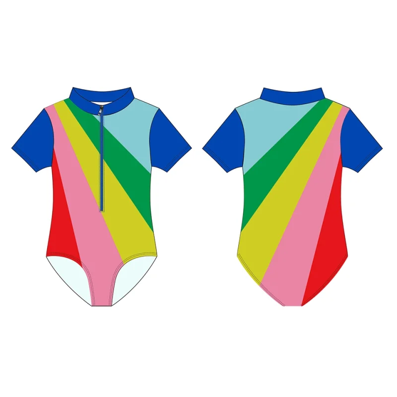 OEKO TEX Girls' Summer Swimwear Short Sleeves Zipper Kids Bikini One-Piece Bathing Suits Patchwork Toddler Swimsuits Certified