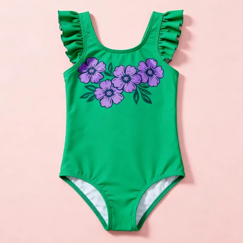 OEKO TEX Good Quality Girls Swimwear Ruffle Green Kids Bathing Suits Toddler Beach Clothes Kids One Piece Swimsuit