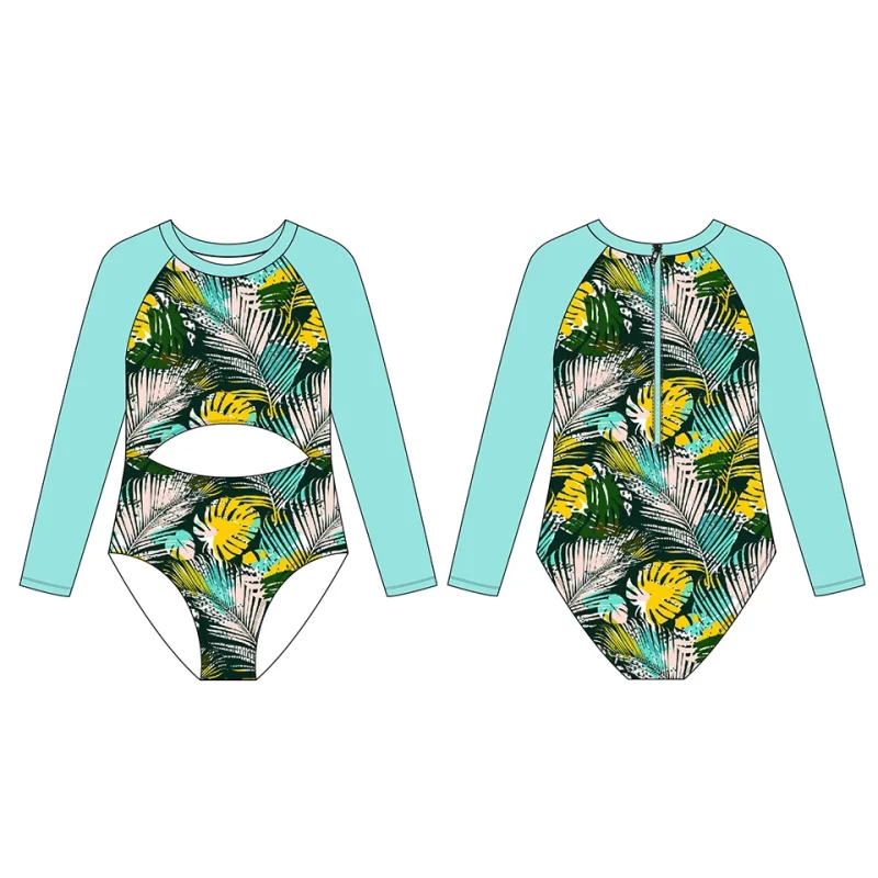 OEKO TEX Repreve Children Rash Guard Sustaniable Fabric Sun Protection Long Sleeved Girl One Piece Swimsuit