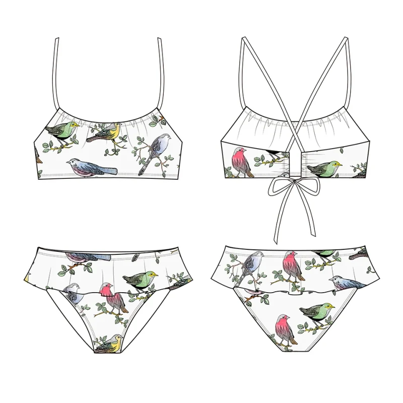 OEKO TEX Casual Girls Bikini Set Two-Piece Swimsuit with Floral Bird Print ODM Swimwear for Children for Beach Use