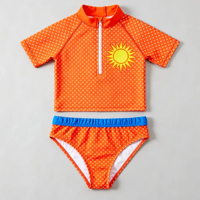 OEKO TEX Custom Bathing Suit Kids Swimming Costume Zipper Short Sleeve Shirt 2 Piece Toddler Girl Swimsuits for Style