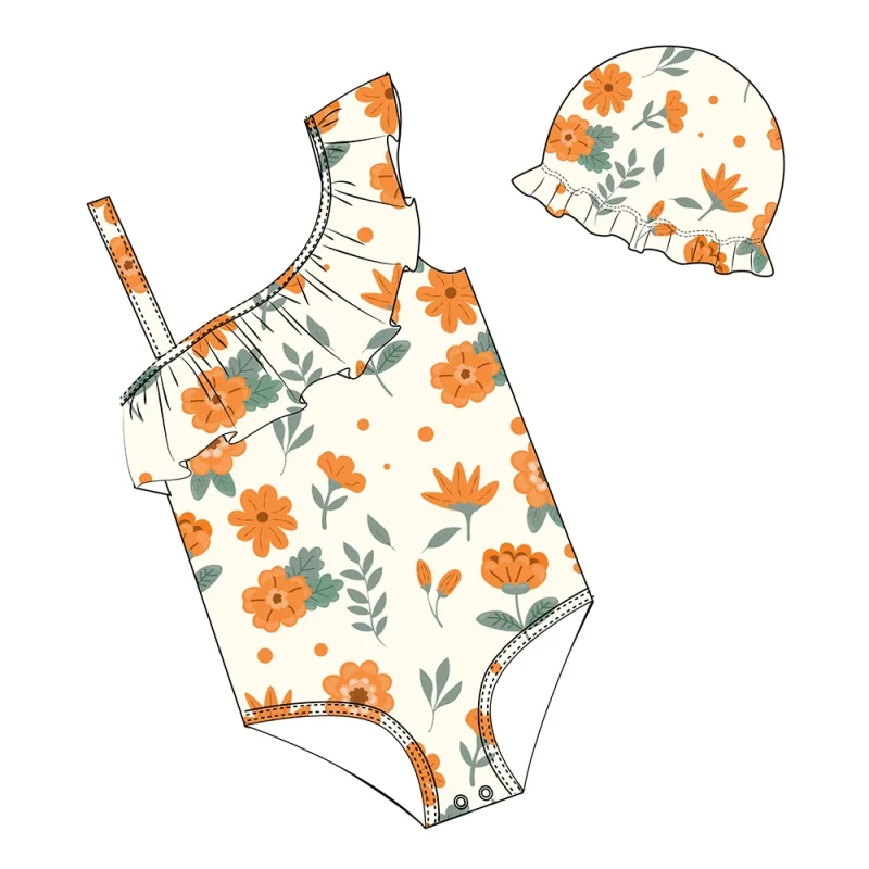 FIELD BALANCE Custom Children Baby Girl Swimwear Bikini Ruffle One Piece Swimsuit With Swimming Hat
