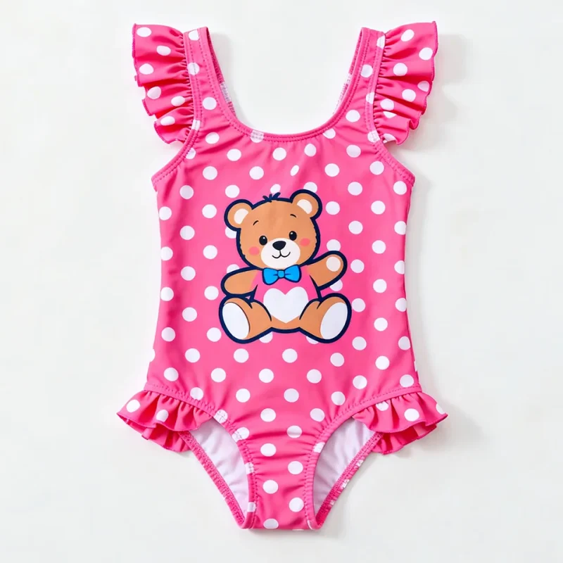 OEKO TEX Wholesale Summer Custom Kids Cute Girl Swimwear Beachwear Ruffle Bathing One Piece Swimsuits Print UV Protection