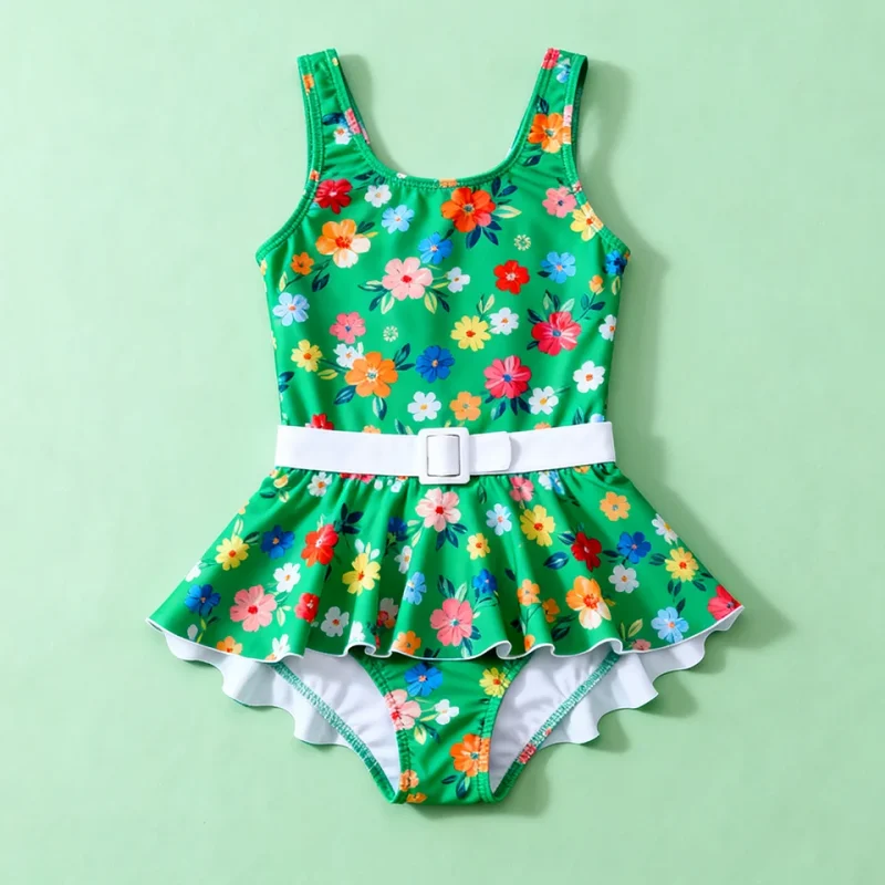 OEKO TEX One Piece Girls Swimsuit with Ruffle Skirt Kids Swimming Suit ODM Bathing Suit for Children Printed Pattern