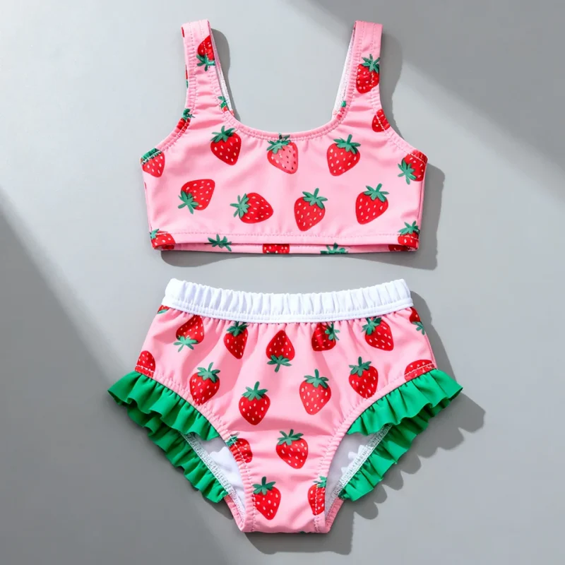 OEKO TEX Repreve Kids Swimwear Ruffled Fruit Print Toddler Girl Summer Beach Two Piece UPF50 Eco Swimsuit for Outdoor Activities