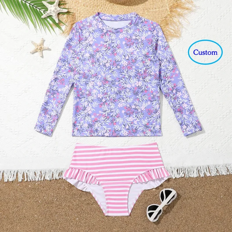 OEKO TEX Toddler Rash Guard Sets Bikini Bottom Swimwear Sun Protection Kids Bathing Suits Girls Long Sleeve UV Swimsuit