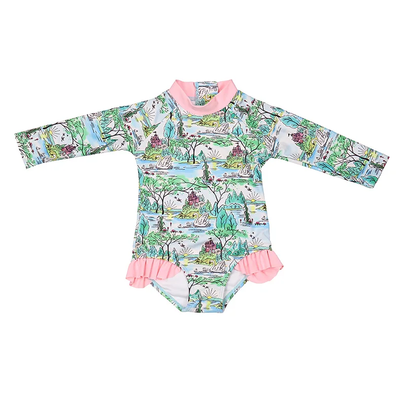 Custom UPF 50+ Sunscreen Eco-friendly Fabric One Piece Long Sleeve Swimsuit Bathing Suit Baby Girl Ruffle Floral Kids Swimwear