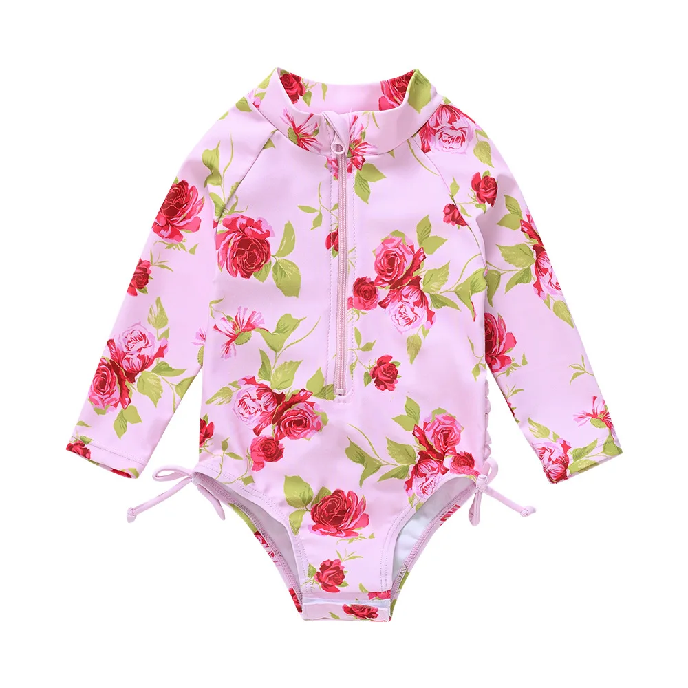 Customized 1-6T Toddler Girls Summer Casual Long Sleeve O Neck Floral Print Bodysuit Swimsuit Heart Flowers Kids Girl Swimwear - Image 2