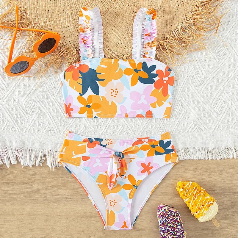 OEKO TEX Summer Colorful Two Piece Girls Bikini Set Teen Swimsuit Bathing Suit Flower Printed Swimwear