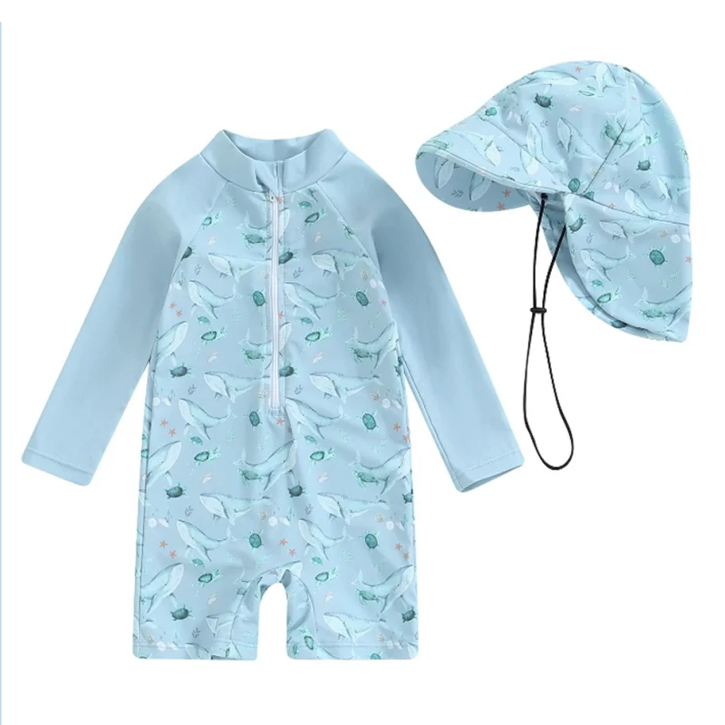 OEKO TEX Children Long Sleeve One Piece Swimsuit UPF 50 Kids Bathing Suits Rash Guard Toddler Girls Swimwear With Sun Hat