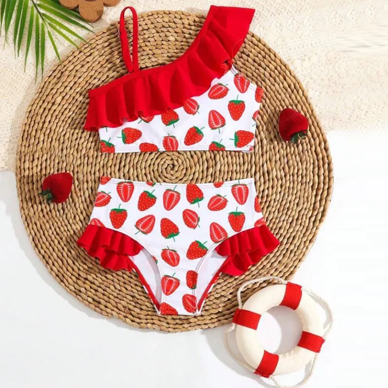 OEKO TEX Children Swimwear Strawberry  Print Two Ruffled Piece Girls Swimming Costume UPF 50 Kids Swimsuit