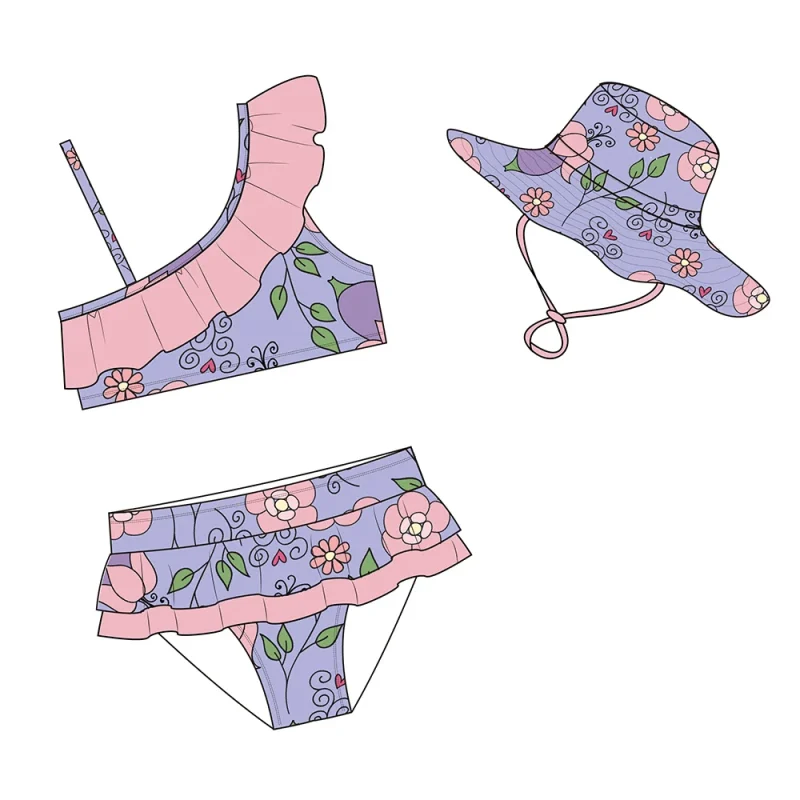 Custom Off Shoulder Kids Bathing Suits Child Beach Swimsuit Small Girls Mini Swimwear With Swimming Hat