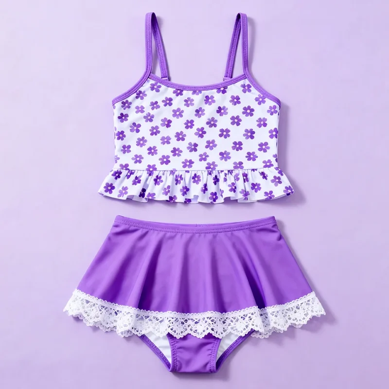 OEKO TEX Customized Toddler Girls Two Pieces Swimsuit Floral Print Swimwear Summer Beach Bathing Suit for Kids