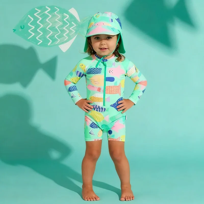 OEKO TEX Uv Protected Children Swimwear Long Sleeve Rash Guard Zipper Kids Bathing Suits Girl UPF50 One Piece Swimsuit