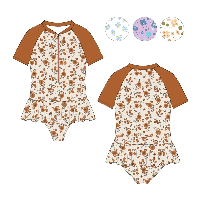 FIELD BALANCE Custom Short Sleeved Kids Bathing Suits Zipper Baby Children One Piece Swimsuit Toddler Girl Swimwear