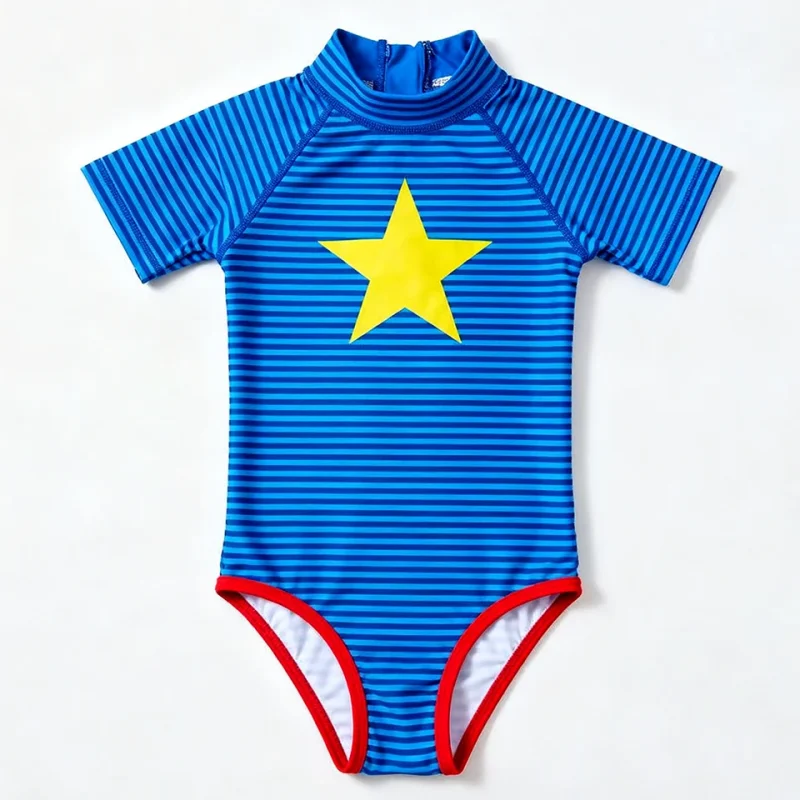 OEKO TEX Toddler Girl Swimsuits Customization Striped Kids Bathing Suits Short Sleeve Quick Dry One Piece Swimwear