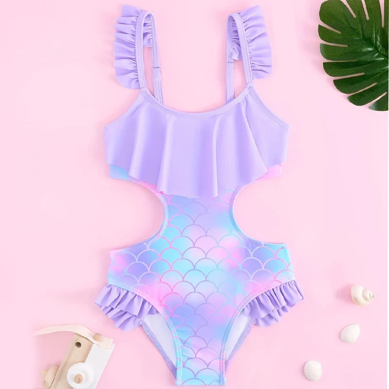 OEKO TEX Girl Swimwear Fish Scale Pattern Summer Beach Kids Swimming Costumes Children Ruffled UV One Piece Swimsuit