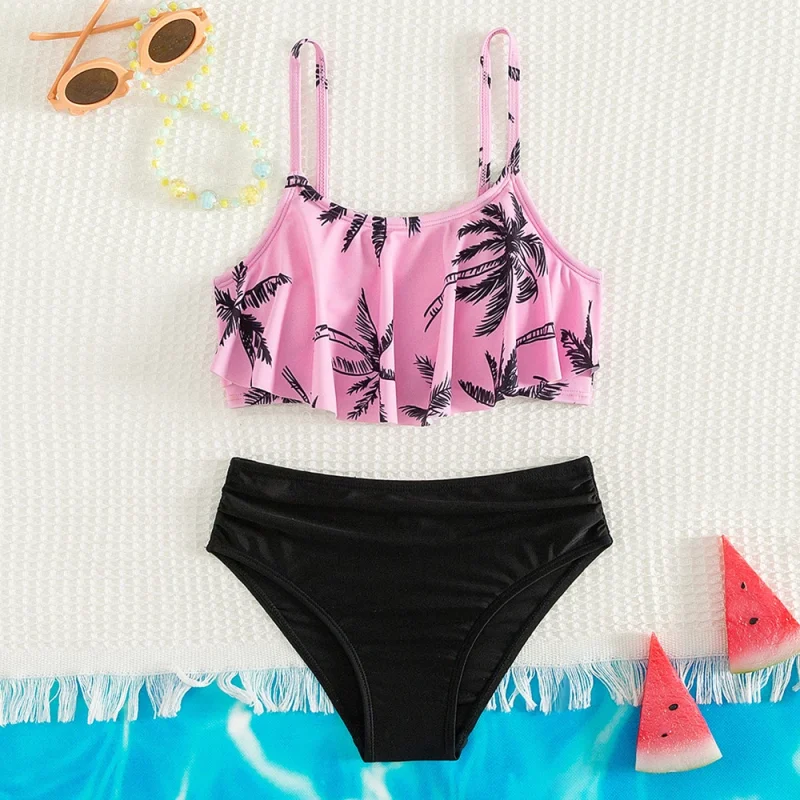 OEKO TEX Black Pink Flounce Girls Two Piece Swimsuit Teen Children Tie Side Bikini Sets Kids Bathing Suit Beachwear Swimwear