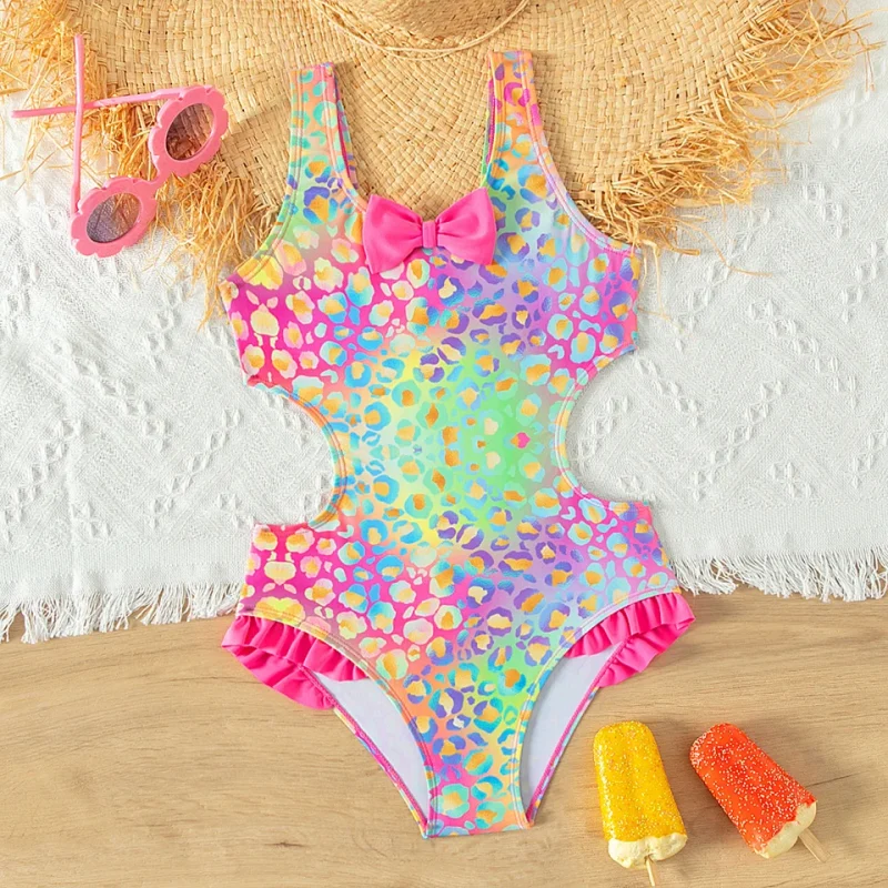 OEKO TEX Bright Colorful Girls Swimwear Ruffle Bathing Suit Summer Beach Wear Kids Swimming Suit One Piece Swimsuit With Bow