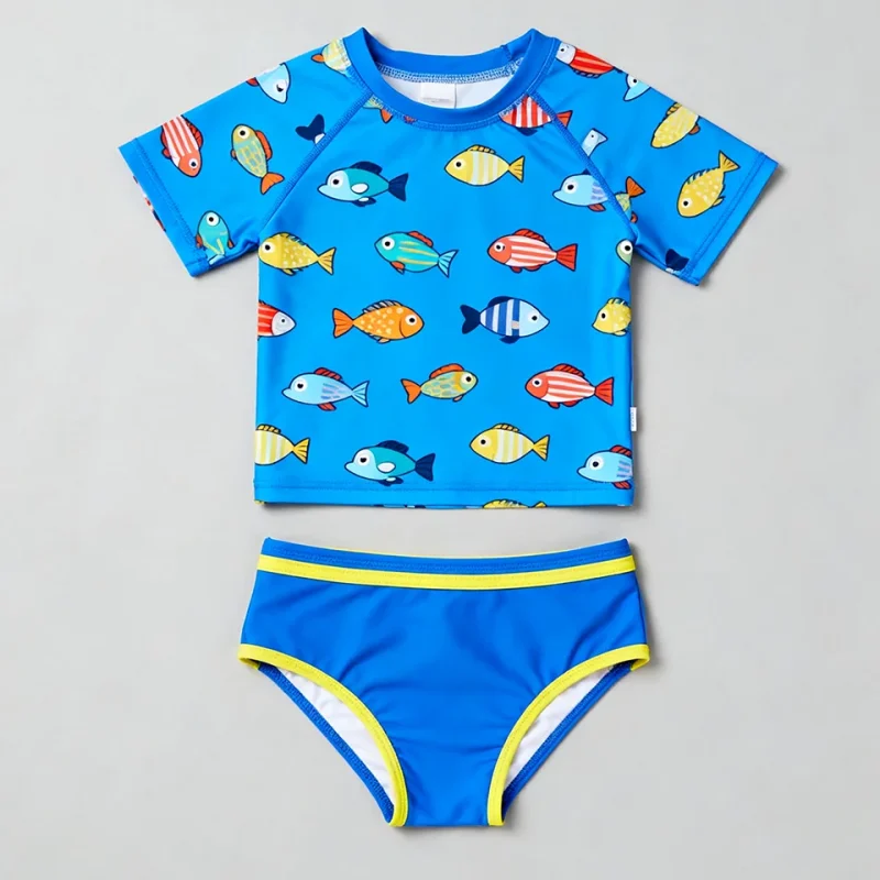 OEKO TEX Eco Friendly Swimsuits Set Fish Pattern Kids Swimming Costume Two Piece Bikinis Beachwear Swimwear