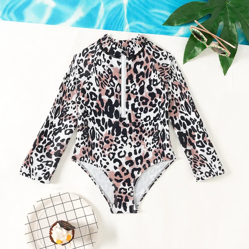 OEKO TEX Leopard Swimming One Piece Suit Children Swimwear Long Sleeve Kids Bathing Suits Hot Spring Beach Swimsuit for Girls